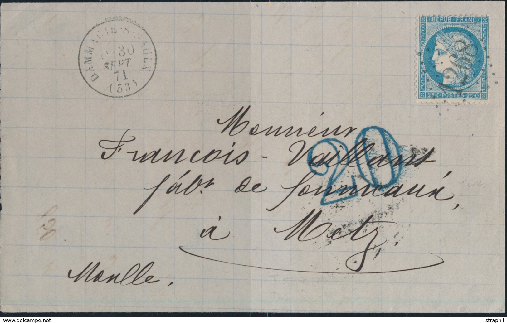 LAC TAXE FRANCAISE - TAMPON 2 NOIR - LAC - N°6A - Obl GC 1268 - T16 Dammarie S/Soultz 30/9/71 + Taxe 20 Dble Trait (bleu - Covers & Documents