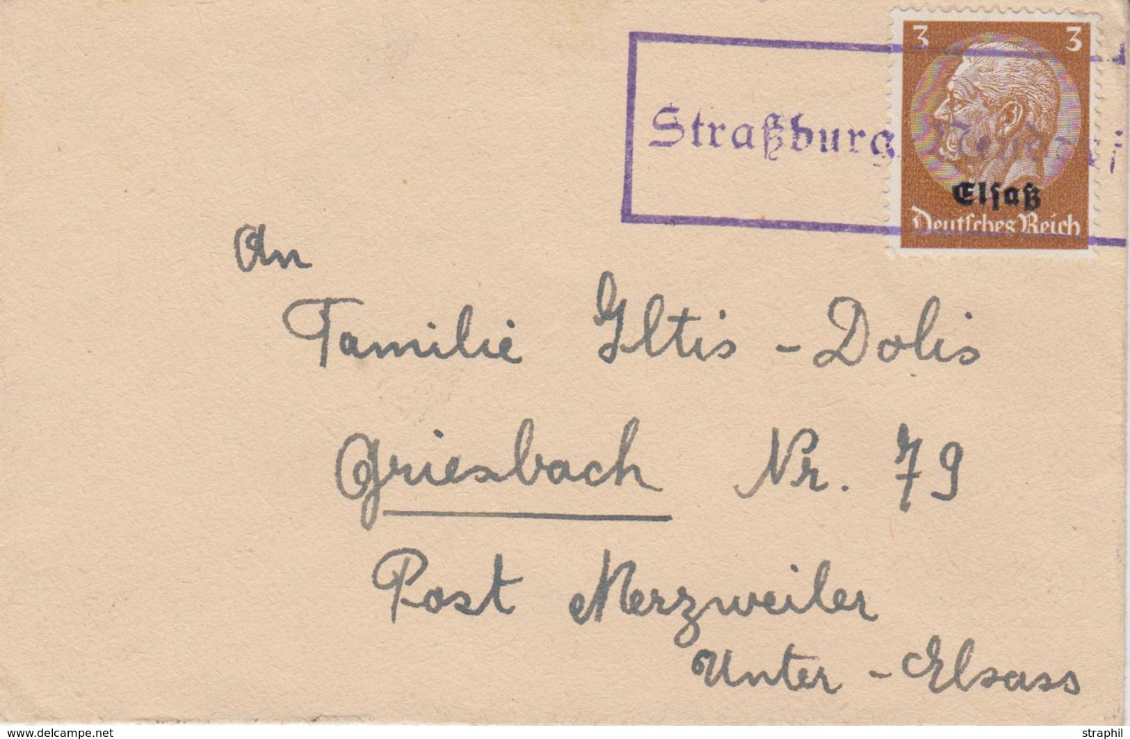 L SERIE HINDENBURG SURCHARGES DE 1939-44 - L - N°8 - 3pf Obl. Cachet Provis. Type 300 - Strasbourg-Neudorf Violet - TB - Lettres & Documents