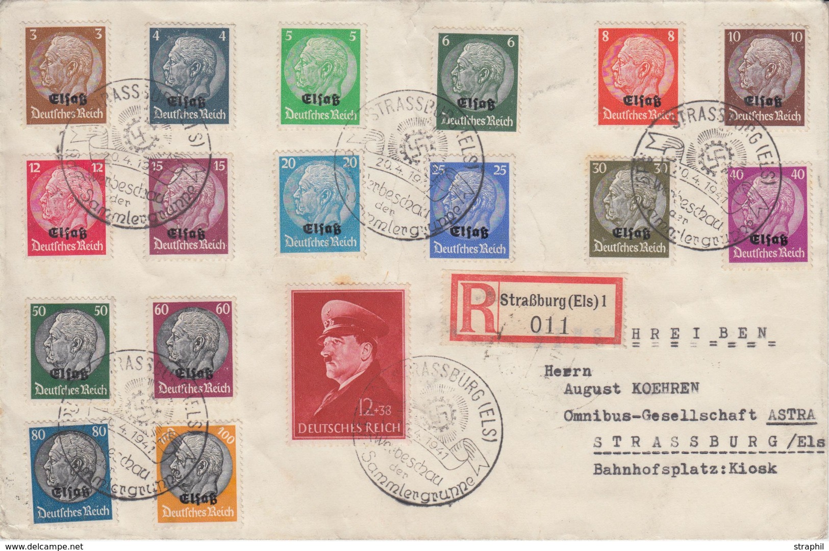 L SERIE HINDENBURG SURCHARGES DE 1939-49 - L - N°8/23 + Allem. N°696 Sur Pli Recom. Obl. Strassburg Verbeschau Type 341  - Covers & Documents