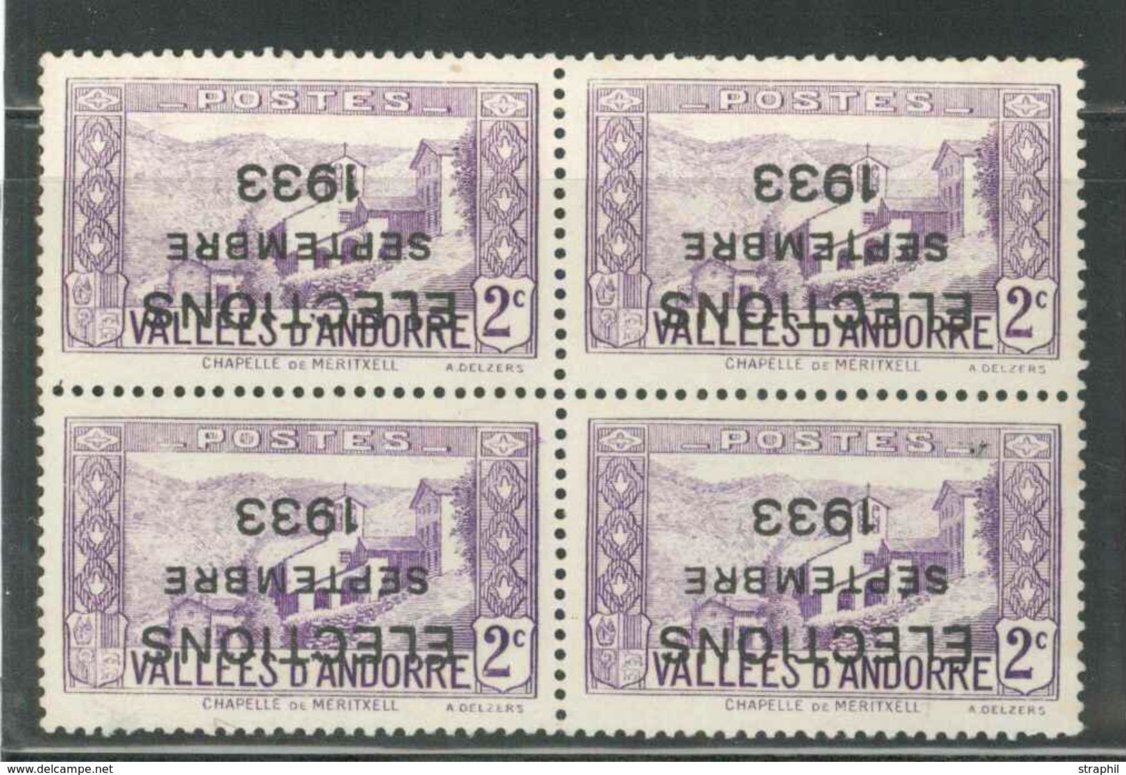 (*) TIMBRES POSTE - (*) - N°25A - 2c Violet - Bloc De 4 - Surch. Election Septembre 1933 Renversée - TB - Neufs