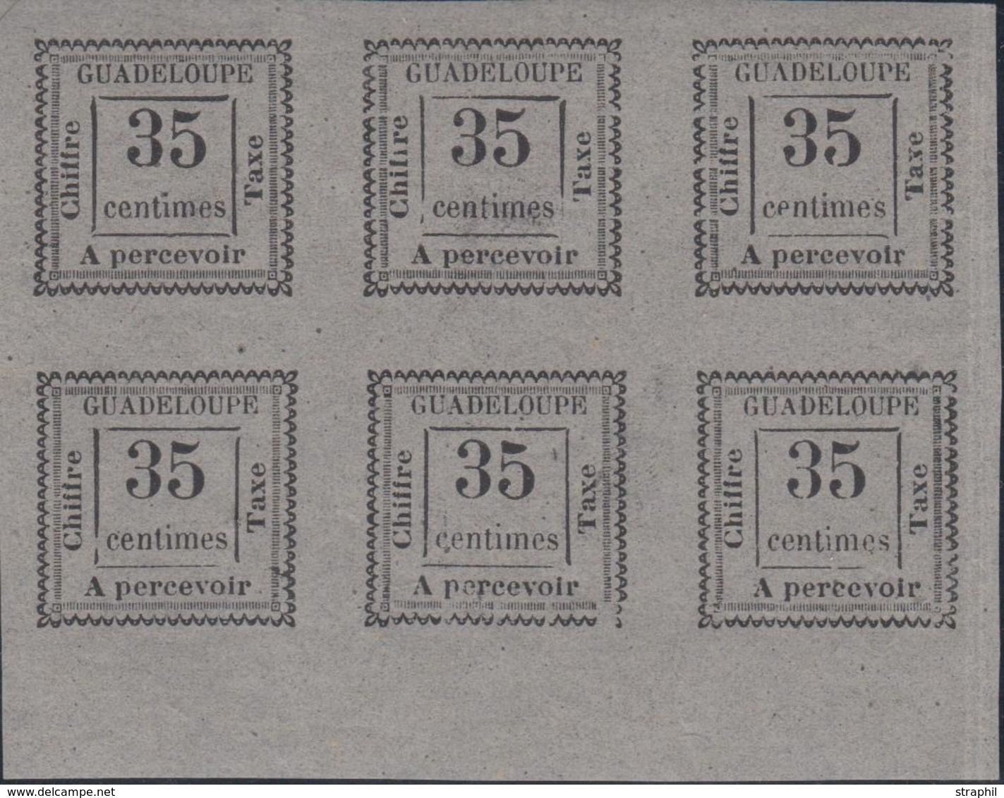 ** GUADELOUPE - TIMBRES TAXE - ** - N°11 - Bloc De 6 Bas De Feuille - 3ex Av Variété - Petit A Ou A Sans Barre Et Un F D - Autres & Non Classés