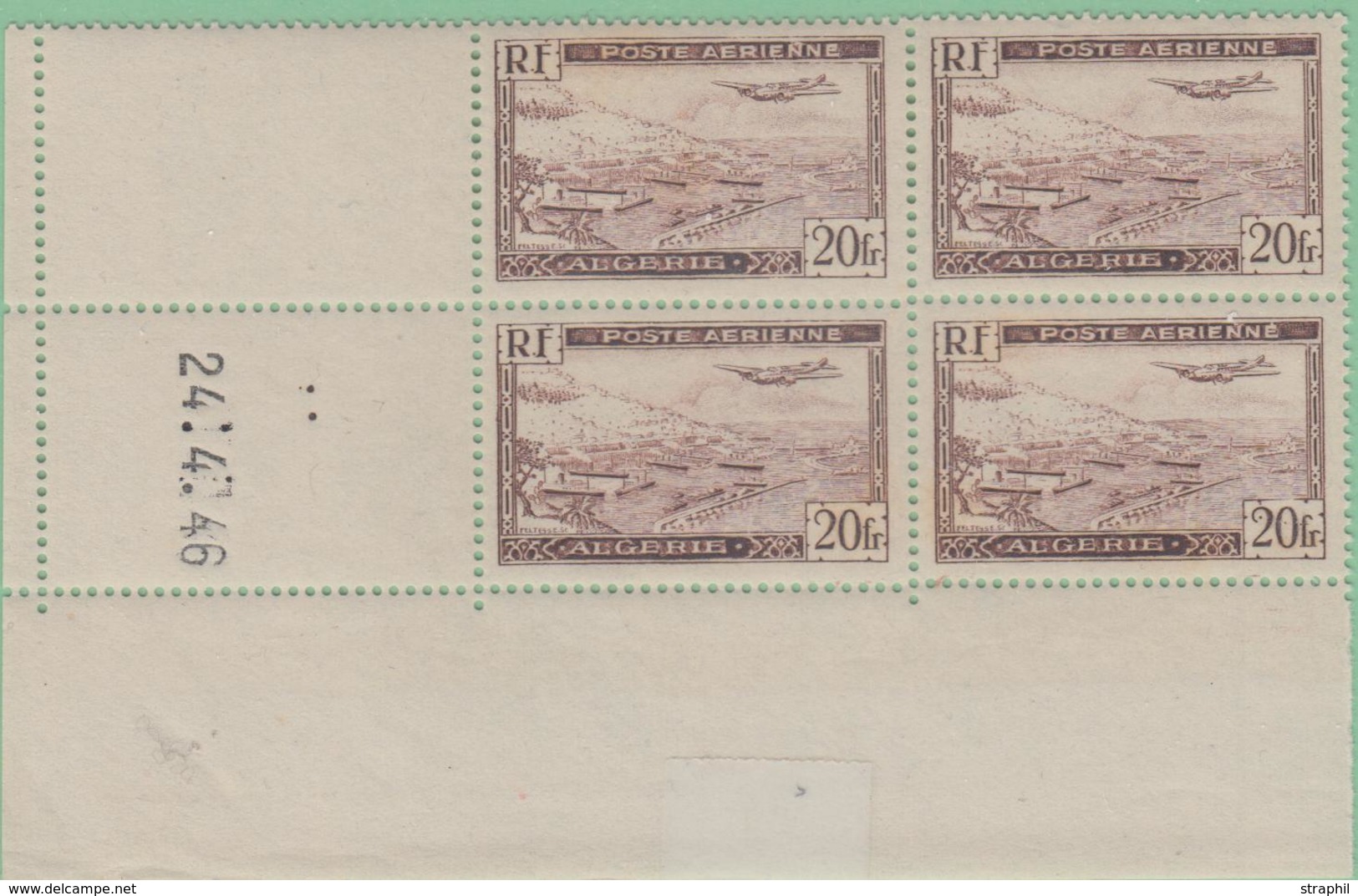 ** ALGERIE - POSTE AERIENNE  - ** - N°4A - 20F Brun - TypeII - Bloc De 4 - CD Du 24/4/46 -TB - Vide