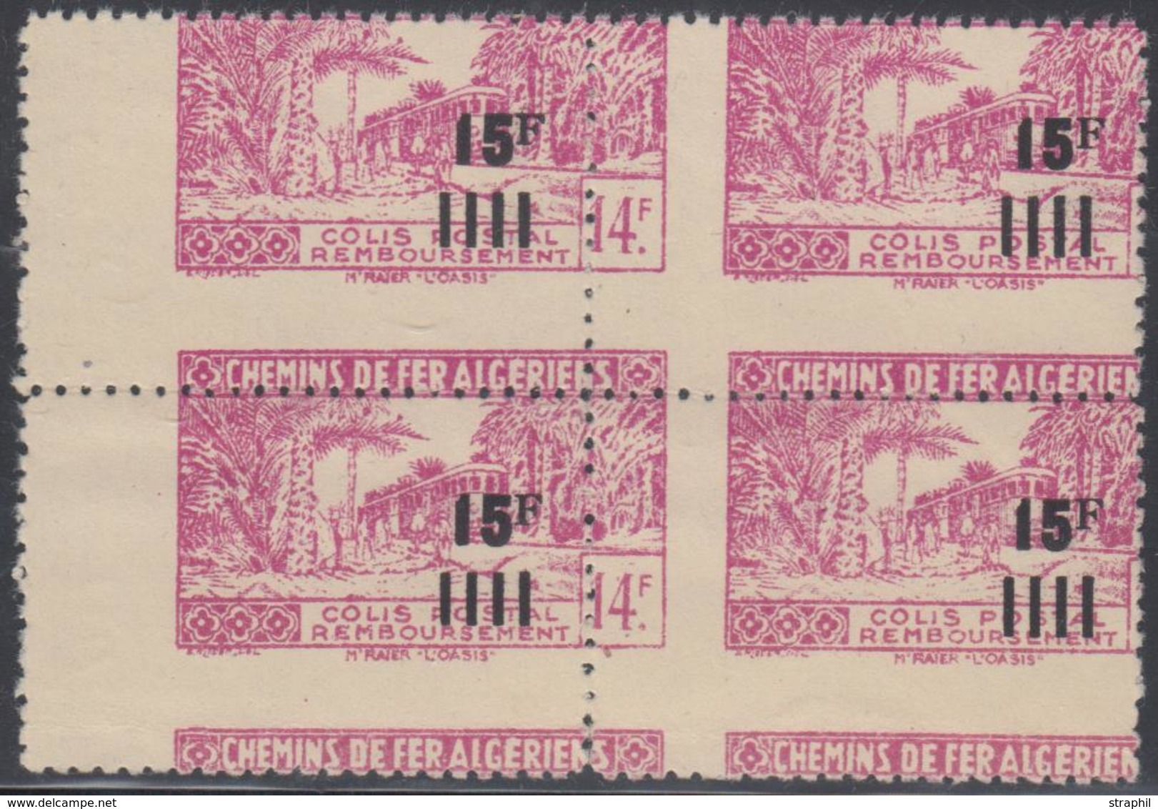 ** ALGERIE - COLIS POSTAUX - ** - N°177 - 15F Sur 14F Lilas - Bloc De 4  Spectaculaire - Piquage à Cheval - TB - Parcel Post