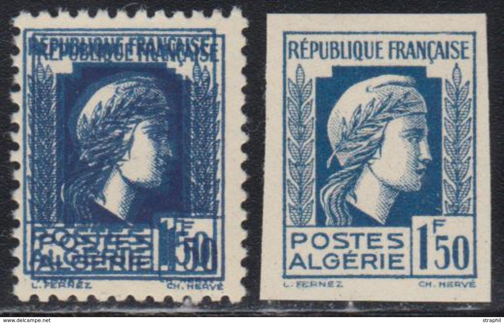 ** ALGERIE - VARIETES - ** - N°214, Dble Impression - Signé- N°214b, Recto/verso - Non Dentelé - Vide