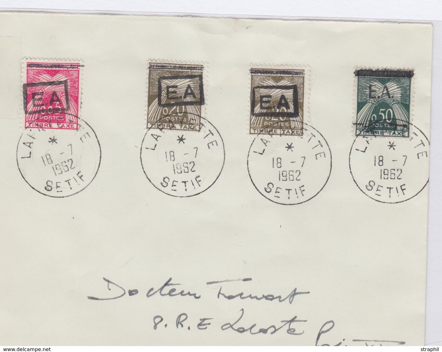 L ALGERIE - TIMBRES DE FRANCE SURCH. "EA" - L - Taxe N°90, 92 (x2), 93 - Obl. LAFAYETTE/SETIF 18/7/62 Pr PARIS - TB - Vide