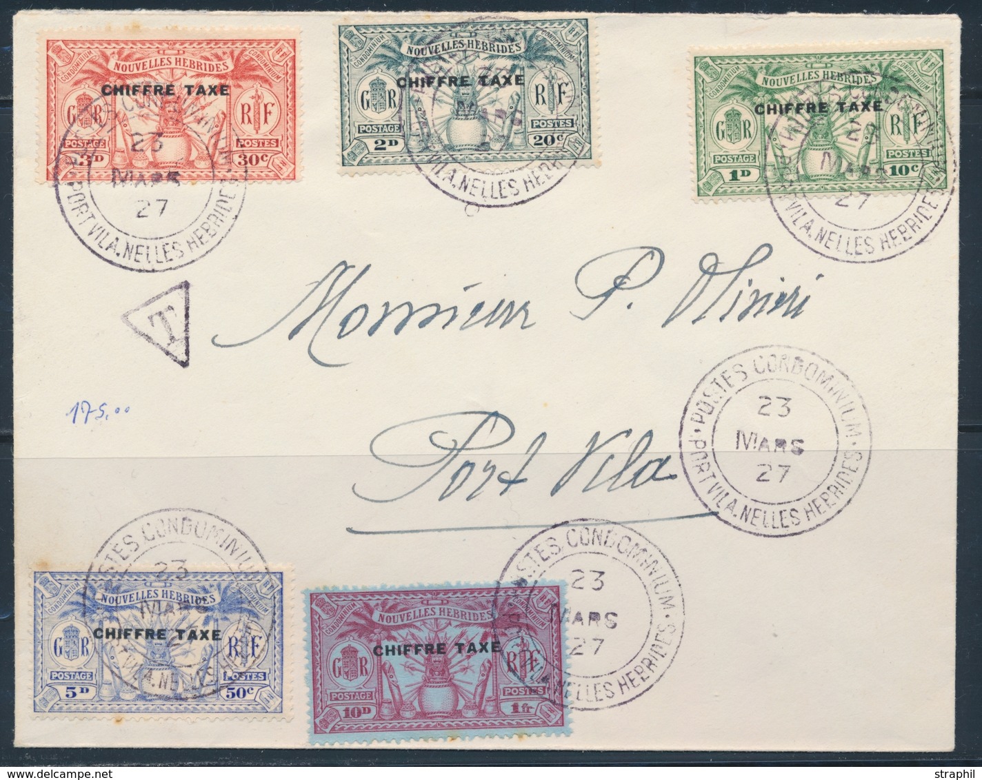 L NELLES HEBRIDES - TIMBRES TAXE  - L - N°1/5 - Obl Port Vila - 23/03/27 - TB - Vide