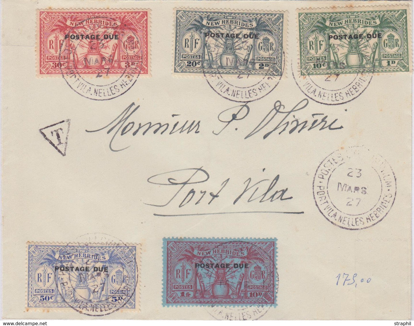 L NELLES HEBRIDES - TIMBRES TAXE  - L - N°6/10 Obl Port Vila - 23/03/27 - S/ Pli Taxé - TB - Vide