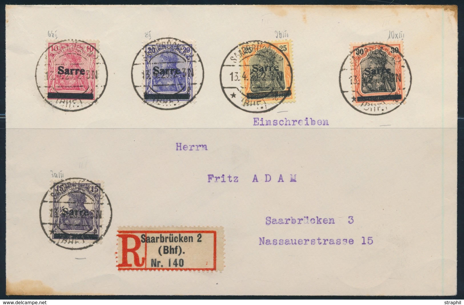 L SARRE  - L - N°6bI, 8I, 9bIII, 10XIII, 7aIII - S/rec - Saarbrücken 2 - Obl. 13/4/1920 - Avec Attest BURGER - B/TB - Other & Unclassified