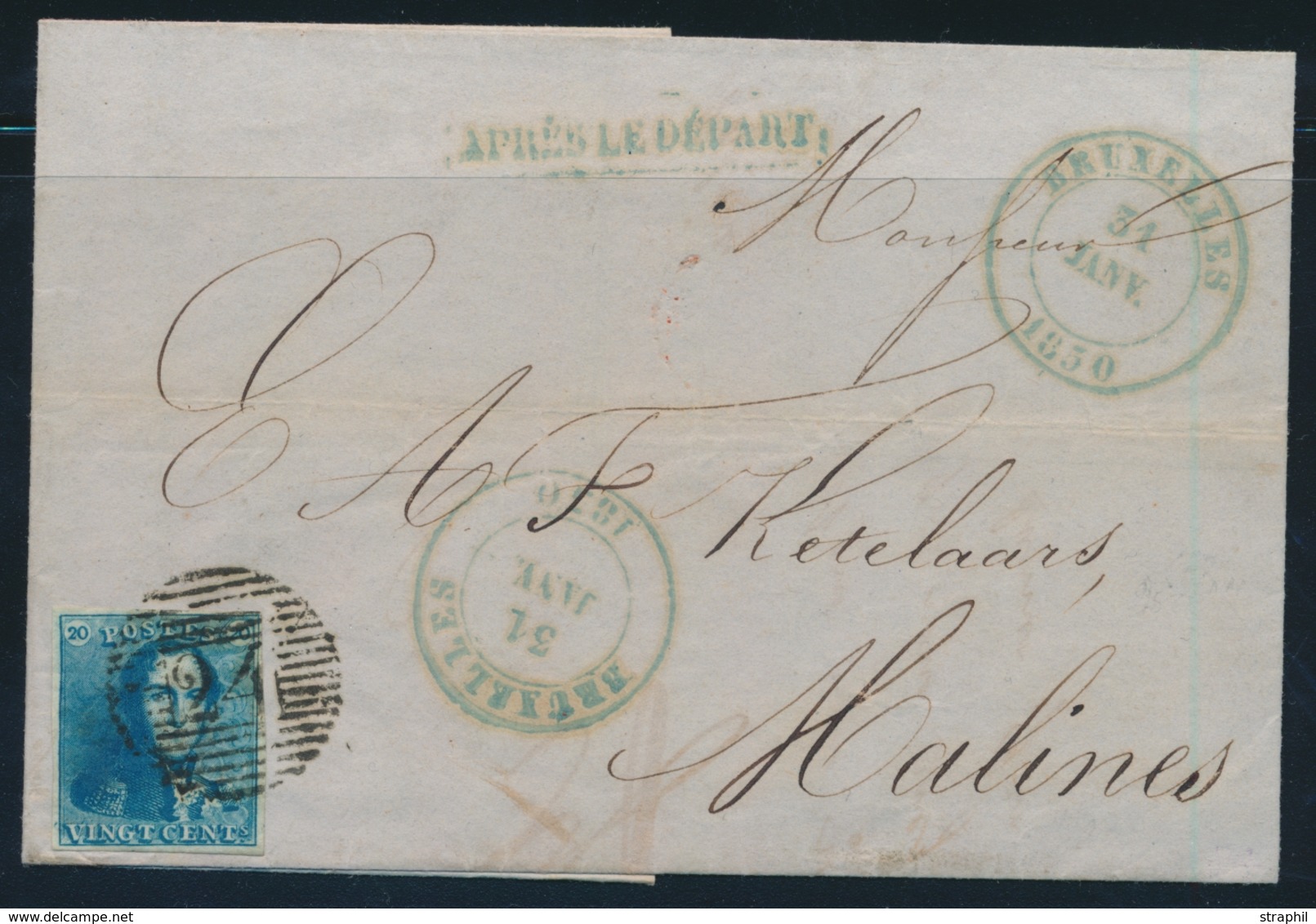 L BELGIQUE - L - N°2 - 20c Bleu - Obl. Sur LAC - CàD BRUXELLES 31/1/50 - TTB - 1849 Epaulettes