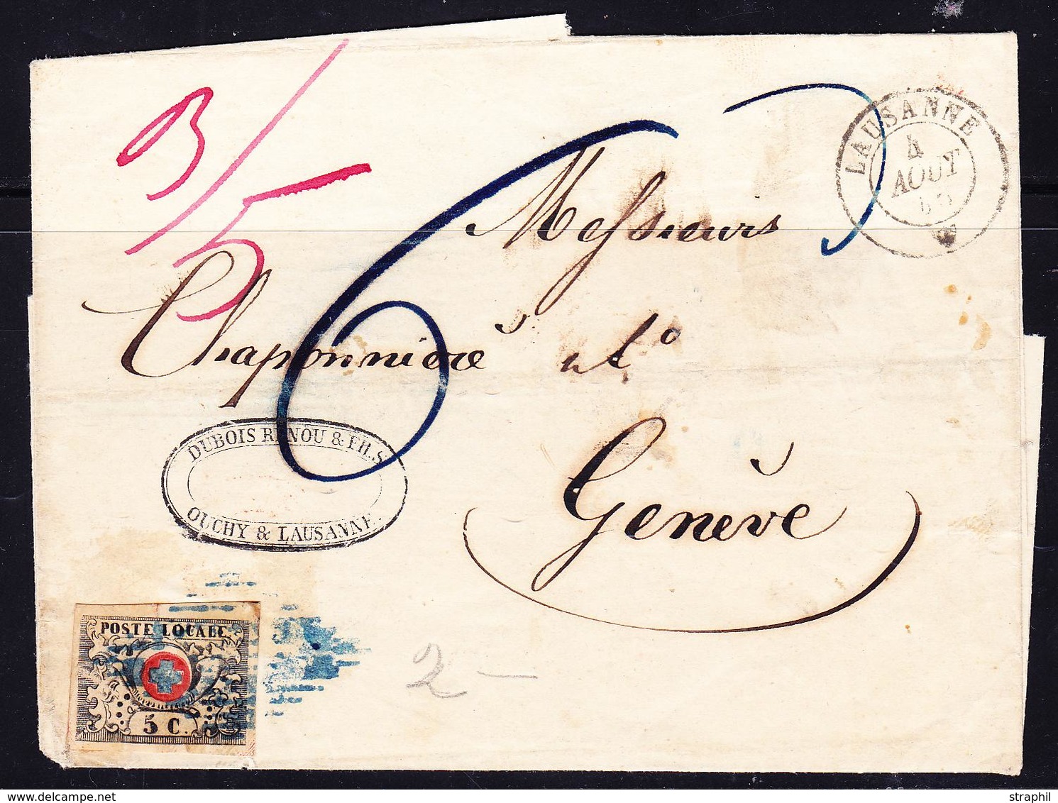 L SUISSE - L - N°5 - Obl Grille Bleue + Càd De Lausanne - 4/08/45 - Faux De Fournier - Certif Hermann - 1843-1852 Federal & Cantonal Stamps