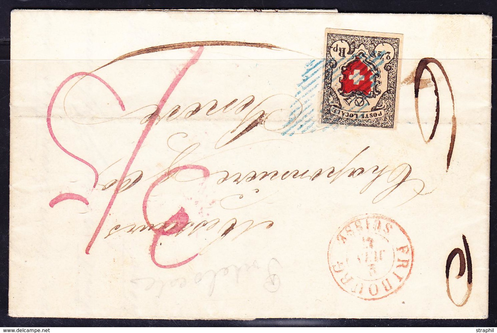 L SUISSE - L - N°12 Obl Grille Bleue + Càd Rouge De Friburg - 2/06/47 - Faux De Fournier - Certif Hermann - 1843-1852 Timbres Cantonaux Et  Fédéraux