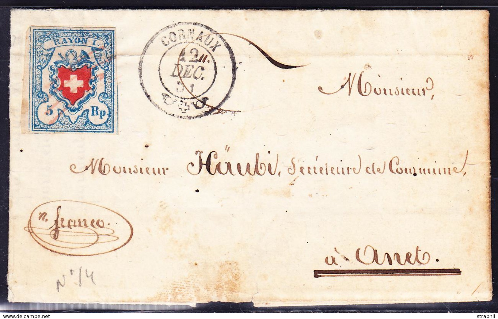 L SUISSE - L - N°20 - Obl Plume + Càd Cornaux - 12 Déc. 51 - Pr Anet - B/TB - 1843-1852 Federal & Cantonal Stamps