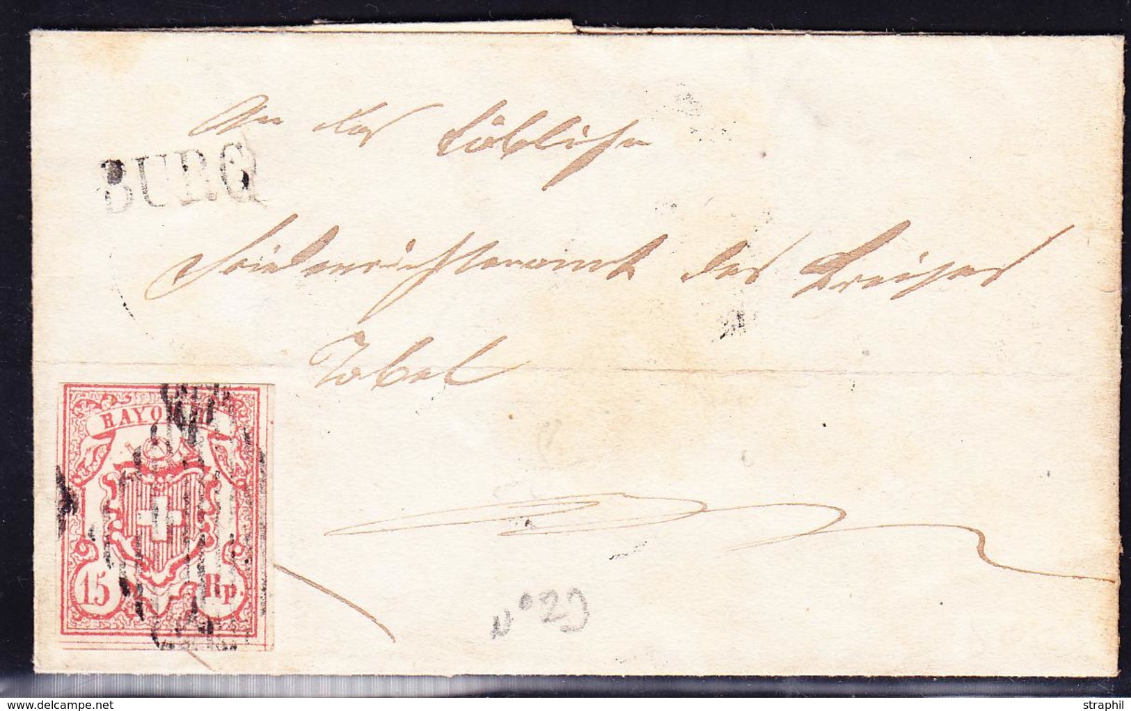 L SUISSE - L - N°23 - Obl Grille Noire S/ Pli De Burg - Timbre N'appartenant Pas à La Lettre - Certif Guggisberg - TB - 1843-1852 Federal & Cantonal Stamps