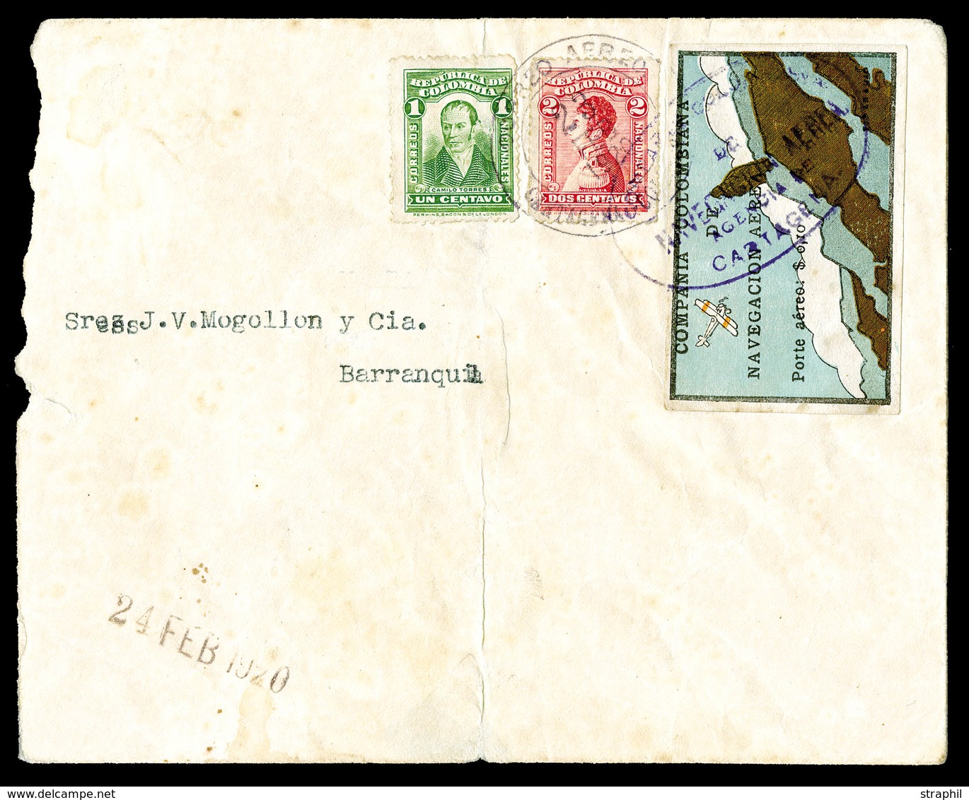L COLOMBIE - L - PA N°7 + N°210/11 - Obl Ovale Cartagena (violet) 23 FEV 1920 - Pr Barranquil - B/TB - Colombia