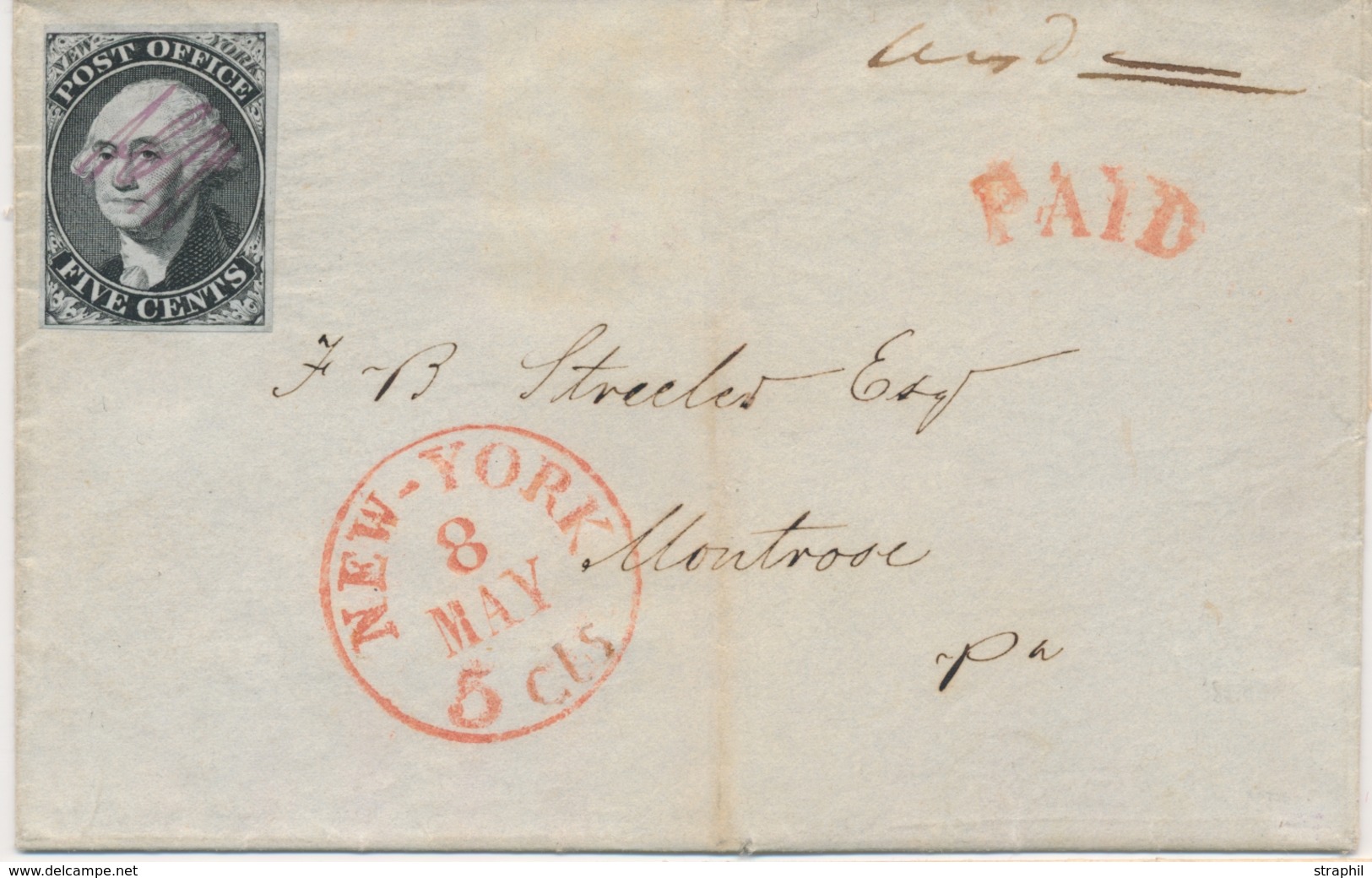 LSC ETATS-UNIS - LSC - N°2 - 5c Noir Bleuté - Obl. Plume S/LSC - Càd NEW-YORK 8/5/ Pour MONTROSE PA - TTB - Used Stamps