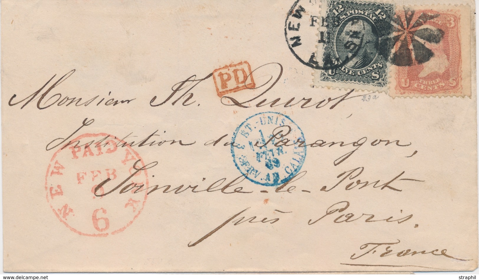 L ETATS-UNIS  - L - N°19 Et 23a - 3c Rose Et 12c Noir - Obl.s/env. De NEW-YORK à PARIS /2/63 - Used Stamps