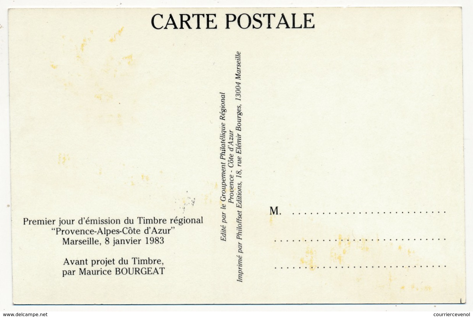 FRANCE - Carte Affranchie 1,00F Provence Cote D'Azur (dessin De Bourgeat)  Marseille 8 Janvier 1993 - 1990-1999
