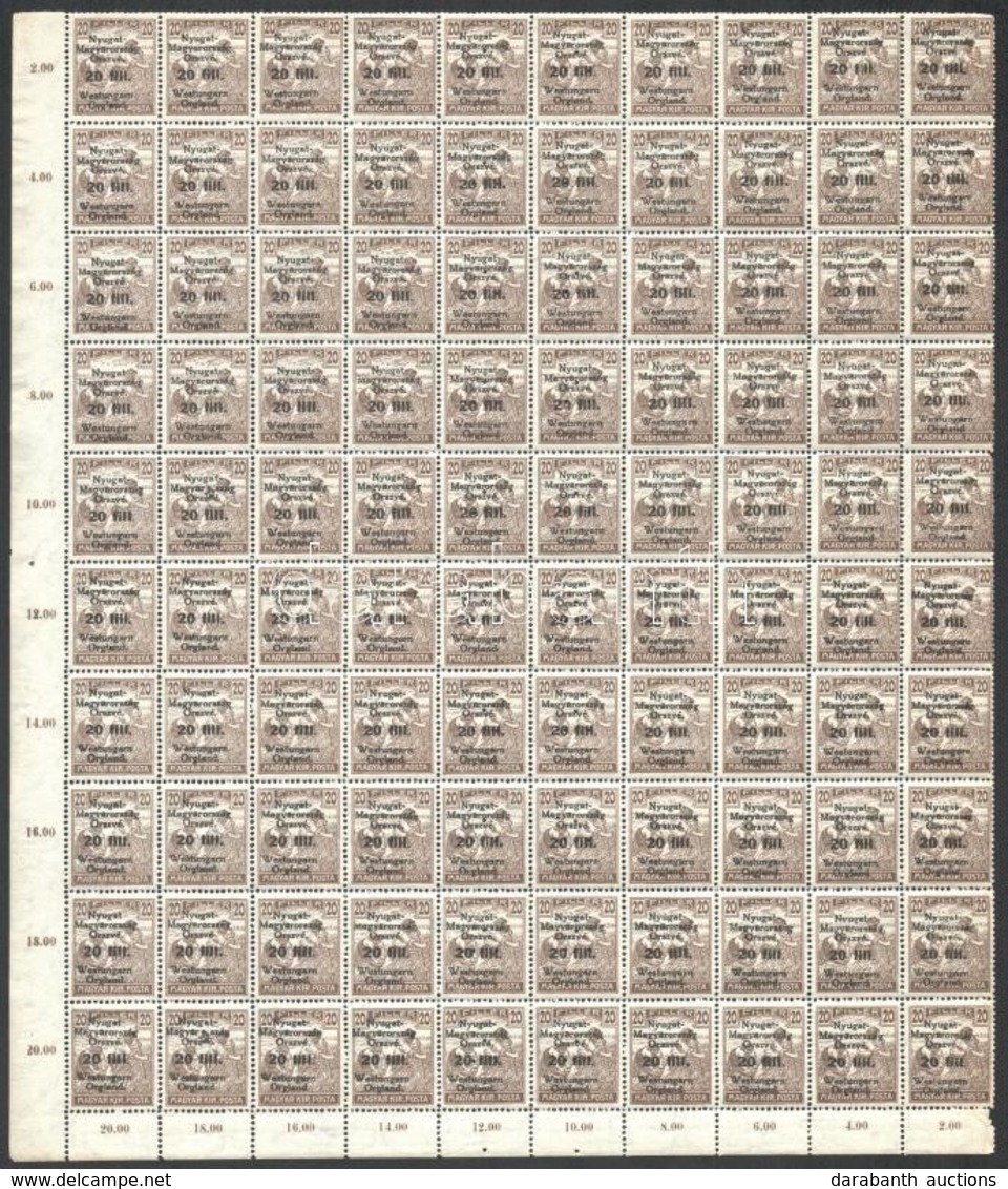 ** Nyugat-Magyarország VI. 1921 20f Teljes ív, Hiányzó ívszélekkel, Benne Hármaslyukasztások, Bodor Vizsgálójellel (68.0 - Other & Unclassified