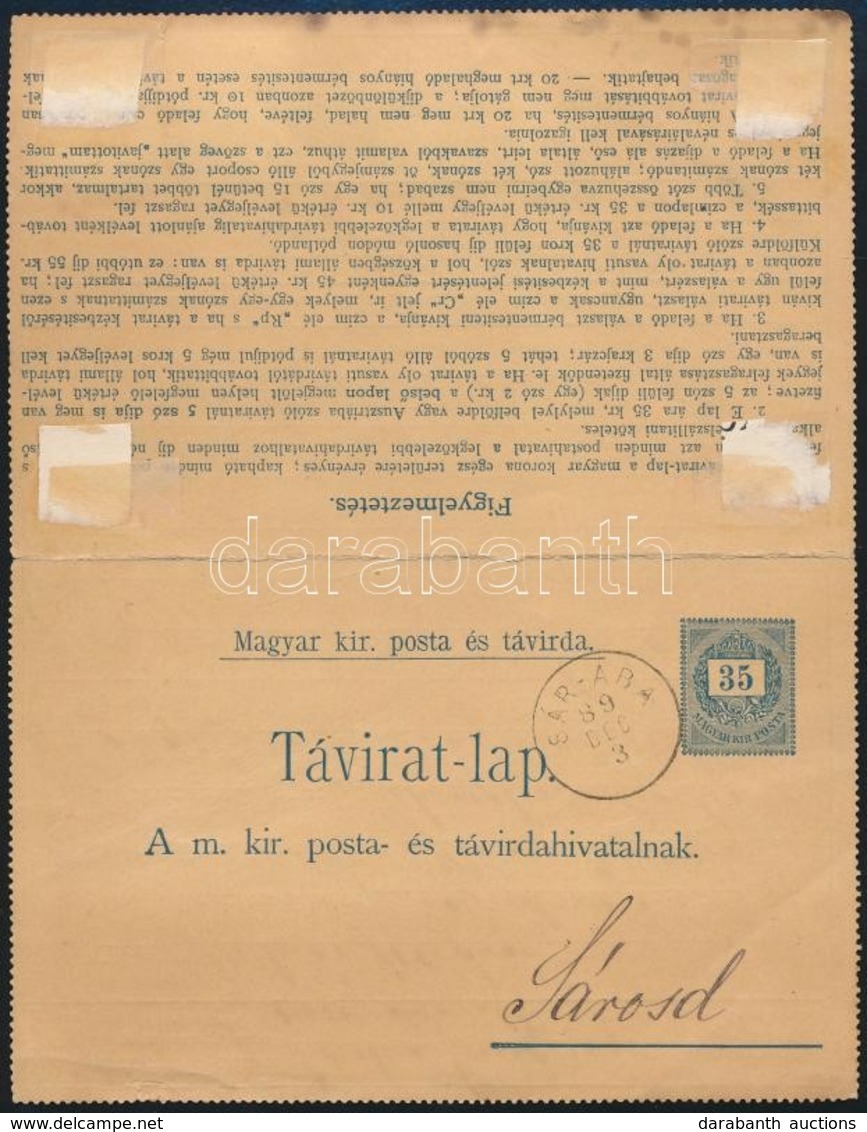 1889 Díjjegyes Zárt Távirat Lap Belső Kiegészítő Bérmentesítéssel 'SÁR-ABA' - 'Sárosd B.P.V.' - Budapest - Sonstige & Ohne Zuordnung