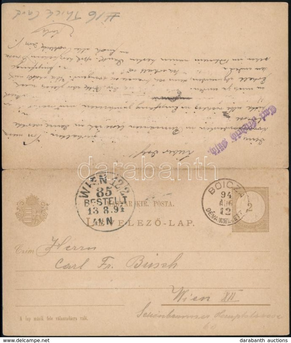 1894 Válaszos Díjjegyes Levelezőlap 'BOICZA DÉVA MELLETT' Bécsbe, Megválaszolva és A Válaszlappal Együtt Visszaküldve. R - Other & Unclassified