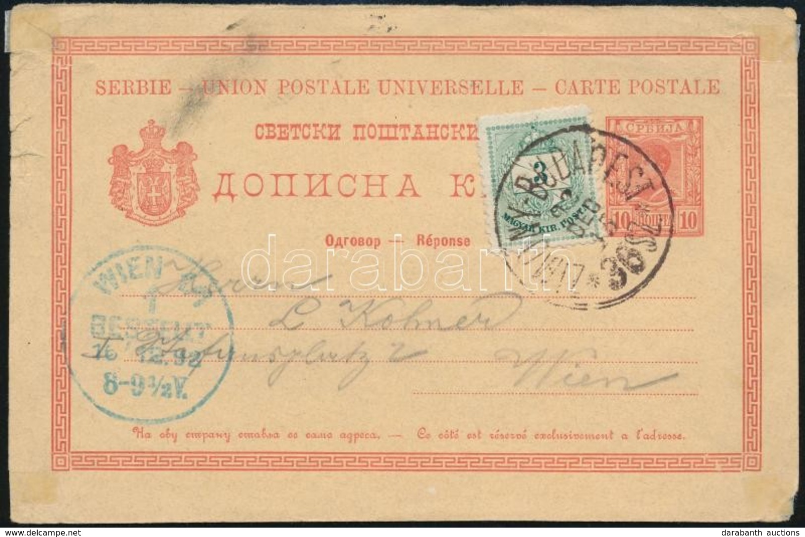 1892 Előnyomott Szerb Díjjegyes Levelezőlap Színesszámú 3kr Kiegészítéssel 'ZIMONY-BUDAPEST 36 SZ' Mozgóposta Bélyegzéss - Other & Unclassified