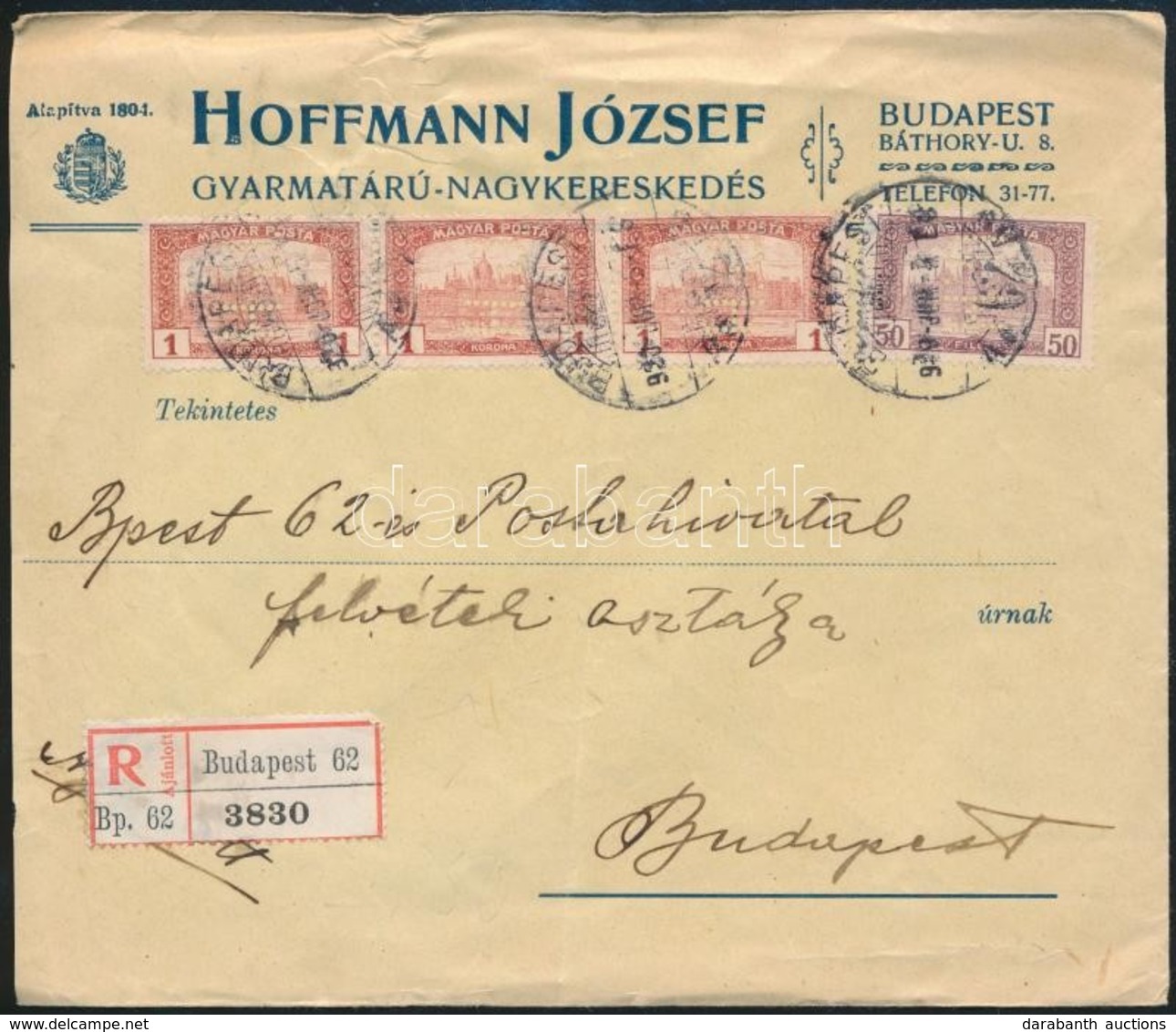 1920 4 Db H.J. Céglyukasztásos Bélyeggel Bérmentesített Helyi Ajánlott Céglevél - Other & Unclassified