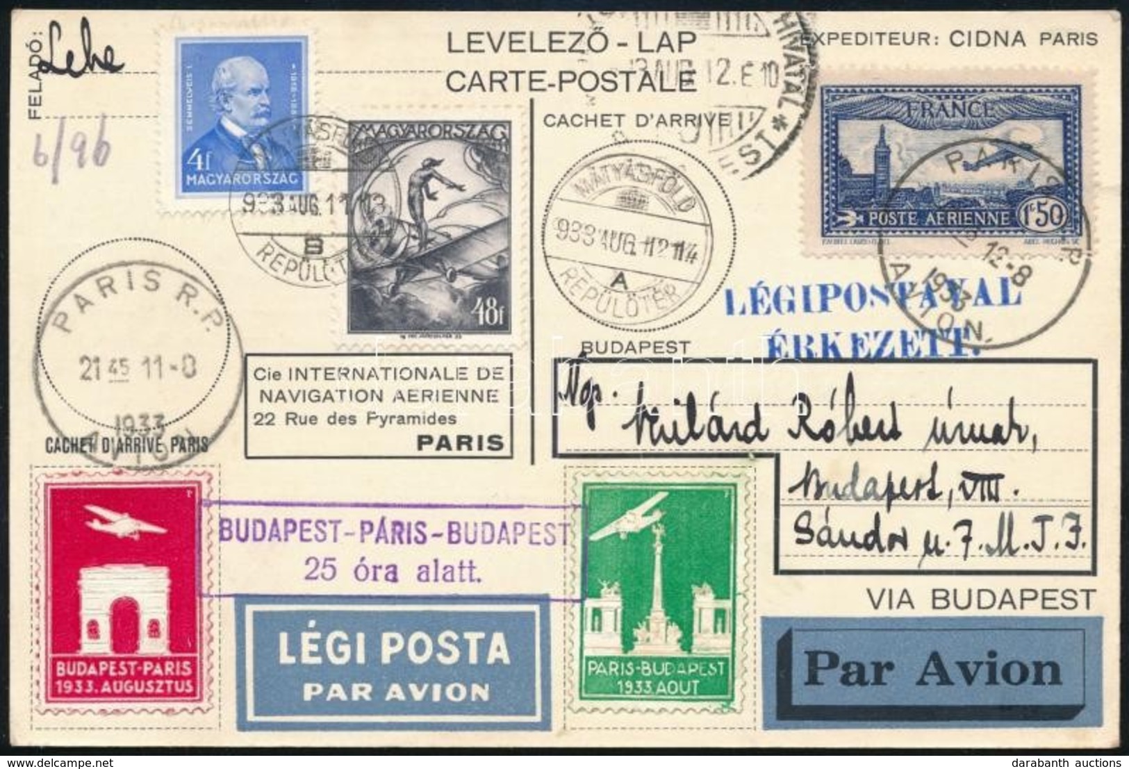 1933 Budapest-Párizs-Budapest Körrepülés Légi Levelezőlap - Other & Unclassified