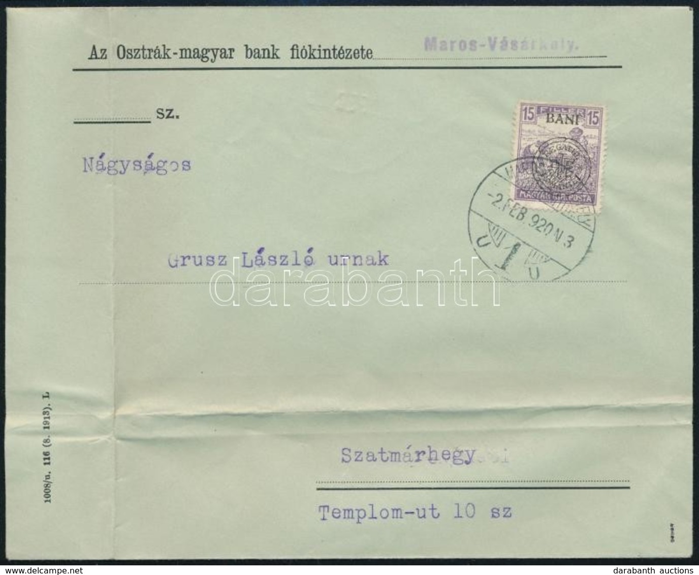 Kolozsvár 1920 Arató 15b Levélen Marosvásárhelyről Szatmárhegyre,  Bodor Vizsgálójellel - Other & Unclassified