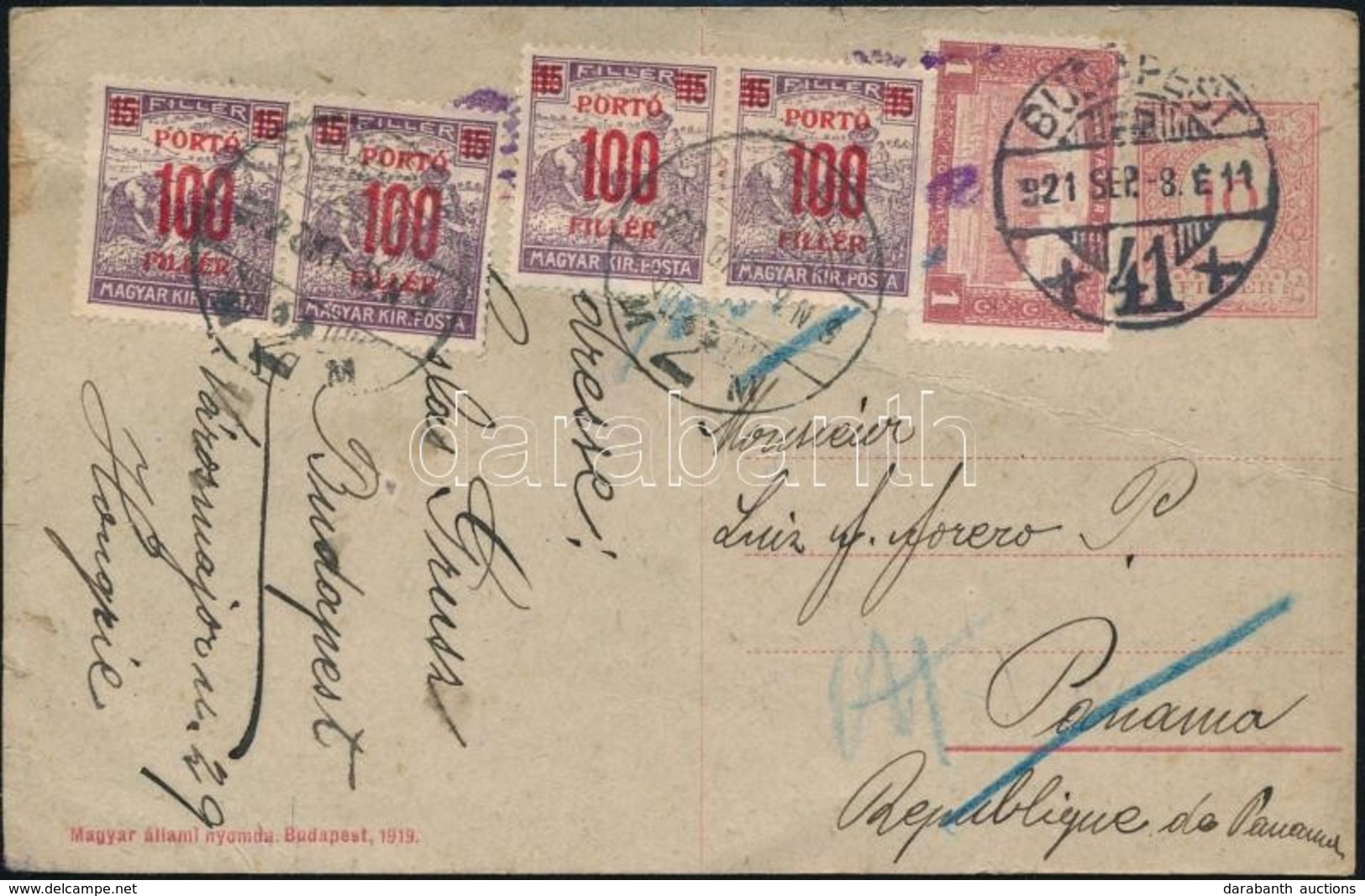1921 Díjkiegészített Díjjegyes Levelezőlap Panamába,visszairányítva és Portózva. Ritka Destináció, érdekes Darab!! - Other & Unclassified