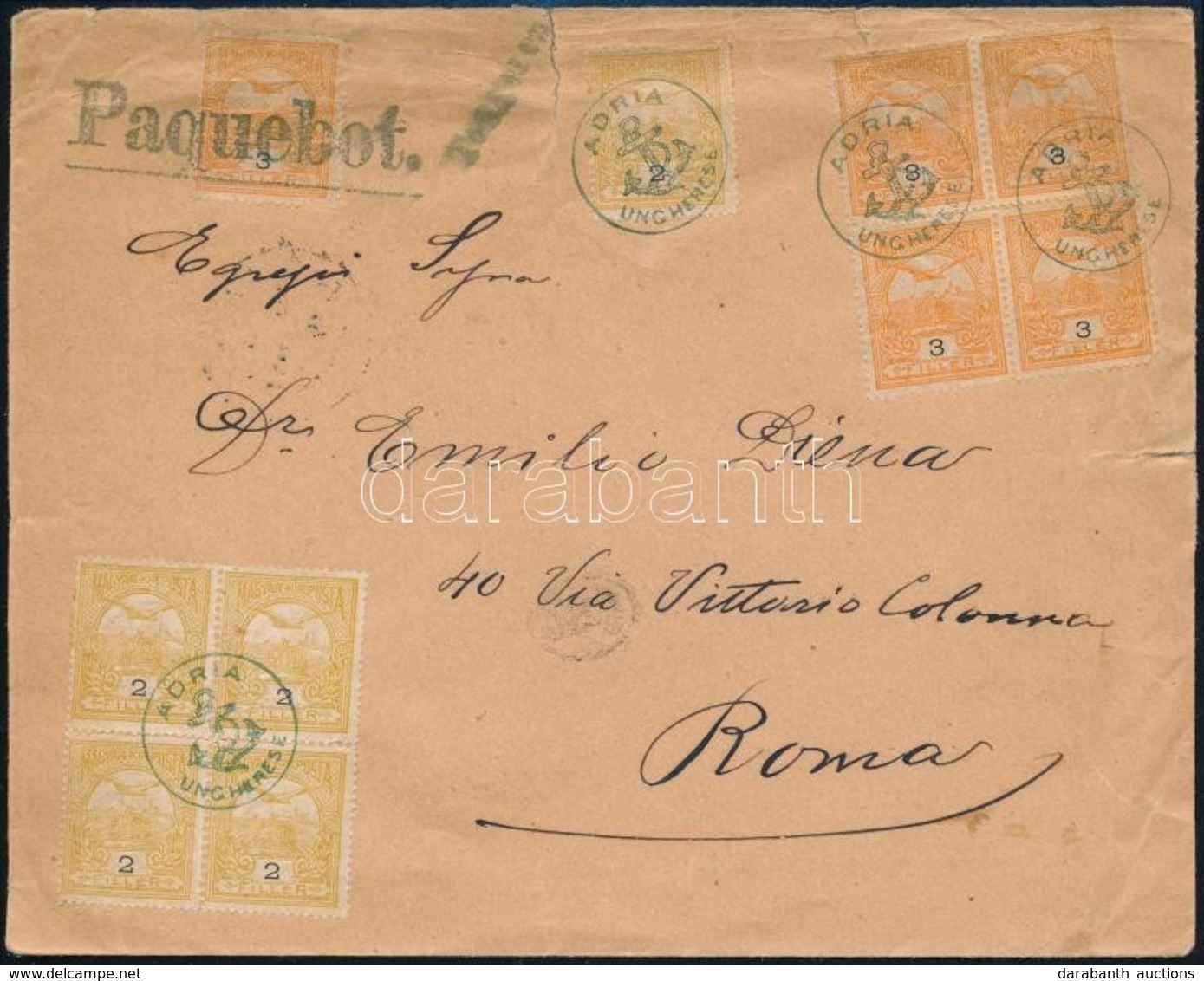 1913 Peterdy Hajóposta Levél Turul 5 X 2f + 5 X 3f Bérmentesítéssel 'ADRIA UNGHERESE' + 'Tengeren' + 'Paquebot.' - 'ROMA - Other & Unclassified