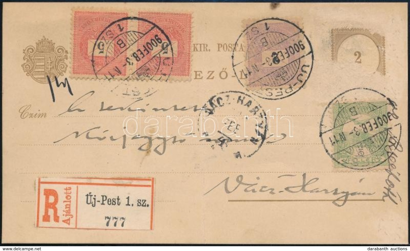 1900 2kr + 5kr Pár + Turul 5f Vegyes Kiegészítő Bérmentesítés 2kr Díjjegyes Ajánlott  Levelező Lapon (sérült Díjjegy) 'Ú - Other & Unclassified