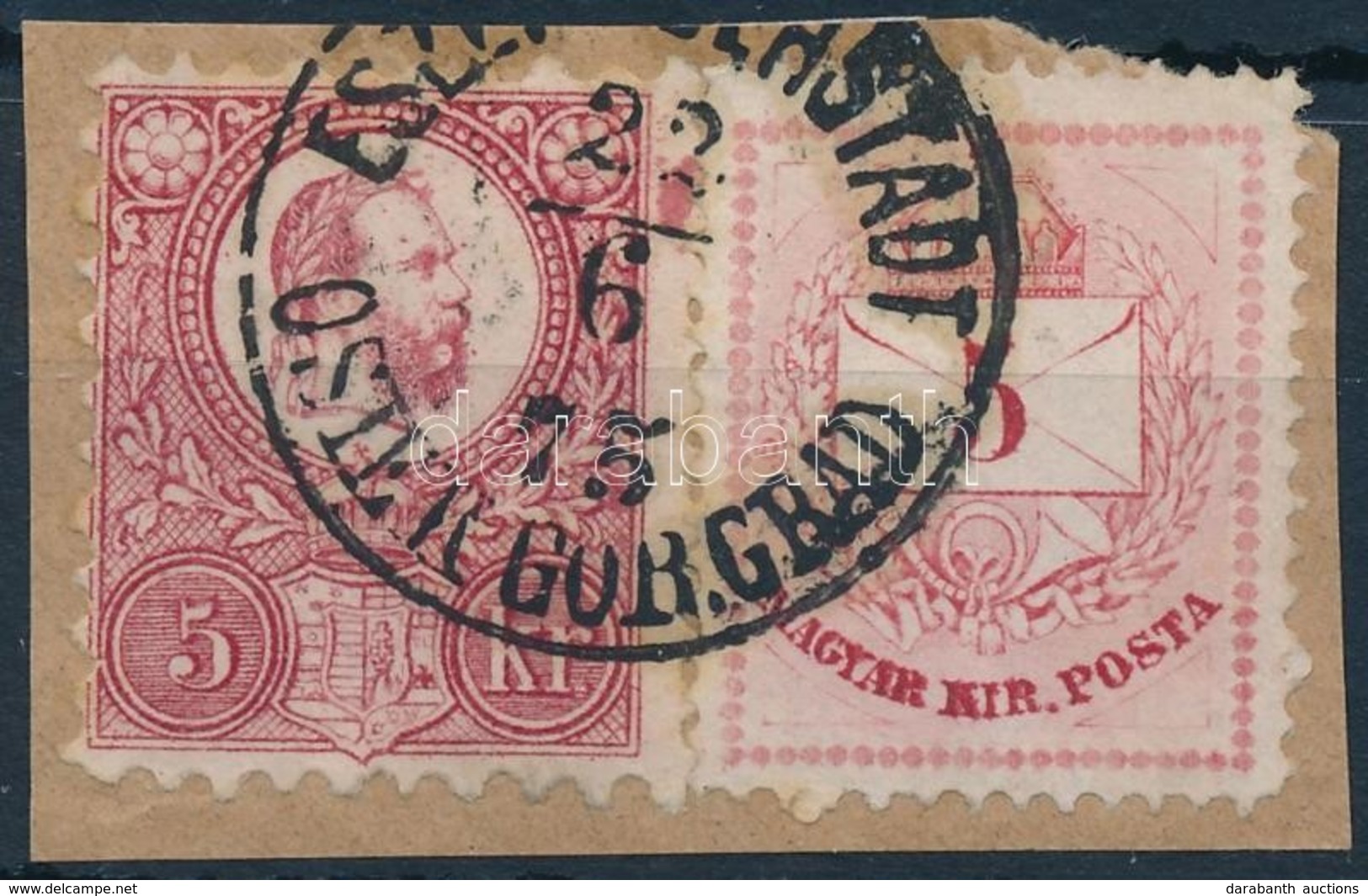 1871 Réznyomat 5kr + 1874 Színesszámú 5kr Rendkívül Ritka Azonos Címletű Vegyes Bérmentesítés Kivágáson 'ESZ(ÉK OBE)RSTA - Other & Unclassified