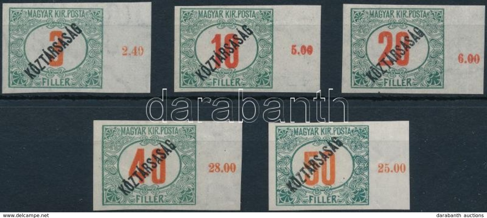 ** 1919 Köztársaság Portó ívszéli Vágott Sor 5 érték / Postage Due Mi 47-51 Imperforate Margin Set - Sonstige & Ohne Zuordnung
