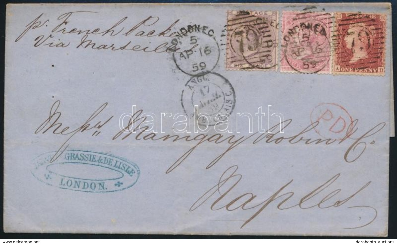 Nagybritannia 1859 Levél Londonból Nápolyba 3 Színű Bérmentesítéssel - Other & Unclassified