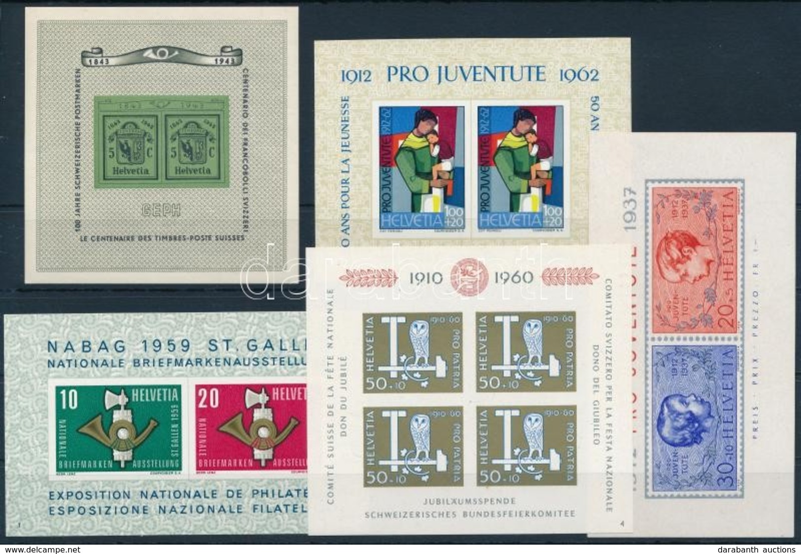 ** Svájc 1937-1962 5 Db Blokk Mi 3, 10, 16, 17, 18 (Mi EUR 163.-) - Other & Unclassified
