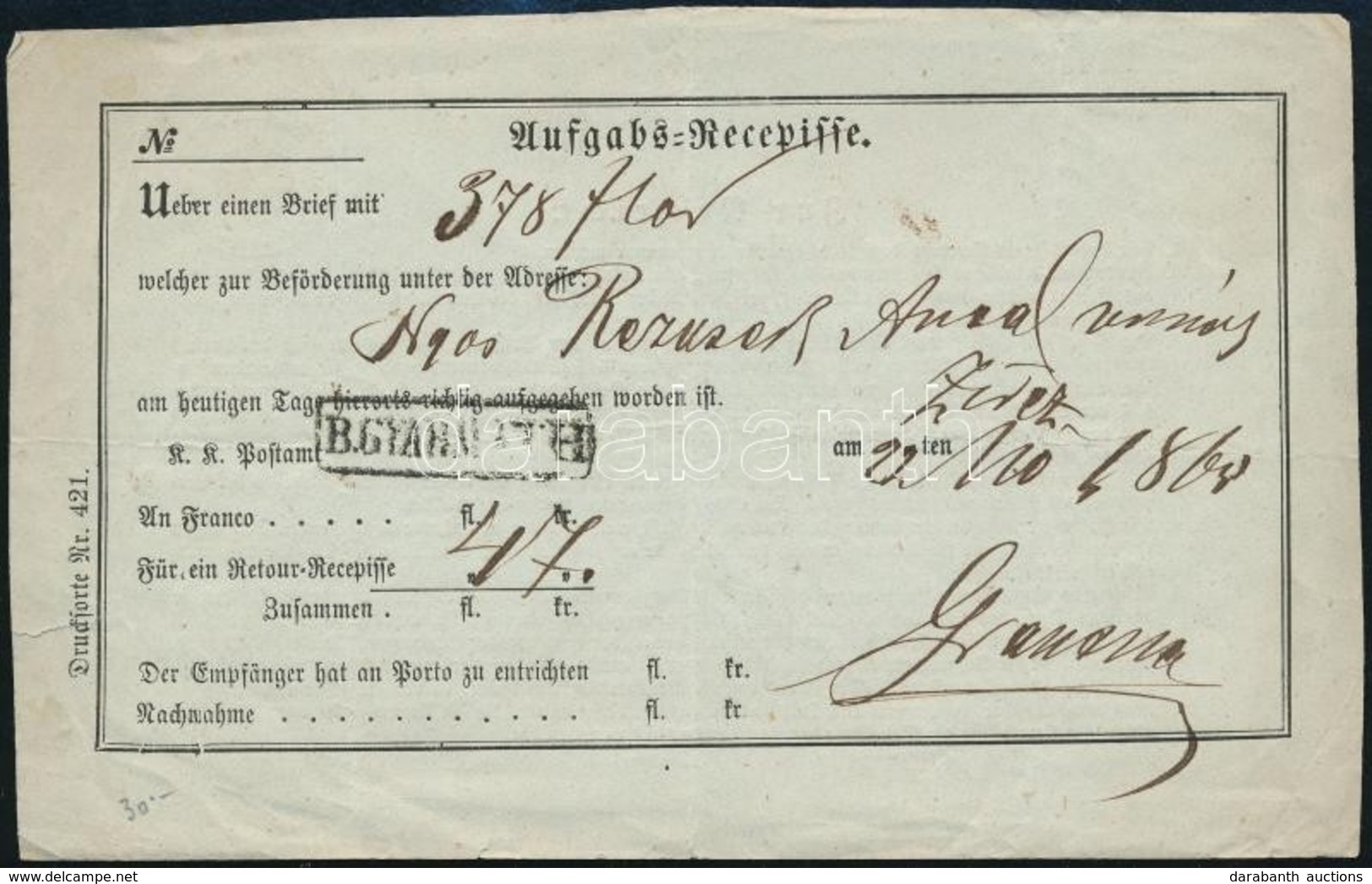 1868 Tértivevény / Aufgabs Recepisse B.GYARMATH Feladással - Sonstige & Ohne Zuordnung