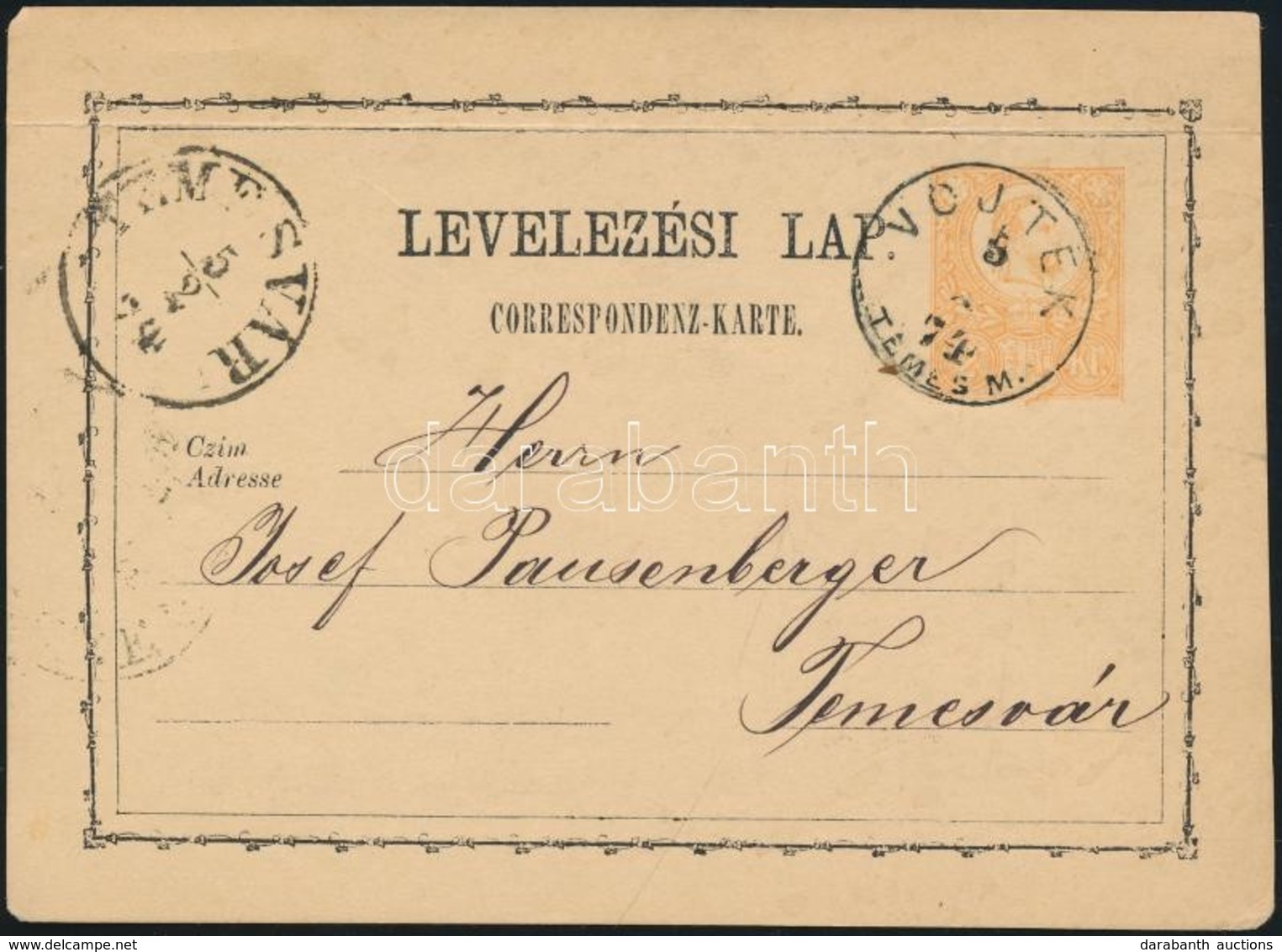 1874 2kr Díjjegyes Levelezőlap  / PS-card 'VOJTEK/TEMES M.' - 'TEMESVÁR' - Other & Unclassified