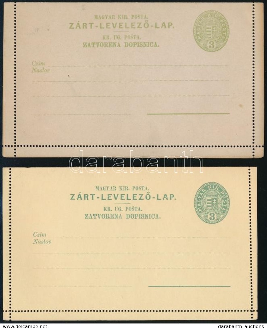 1886 2db Használatlan 3kr Díjjegyes Zárt Levelezőlap, Kétnyelvű, Sárgás és Szürke Papíron (4.800) - Sonstige & Ohne Zuordnung