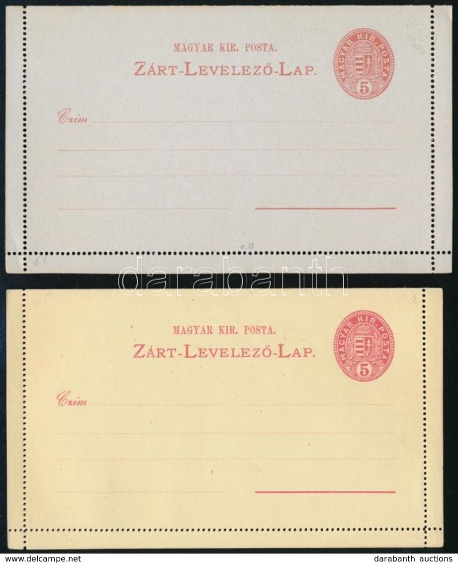 1886 2db Használatlan 5kr Díjjegyes Zárt Levelezőlap, Magyar Nyelvű, Sárgás és Szürke Papíron (1.800) - Other & Unclassified