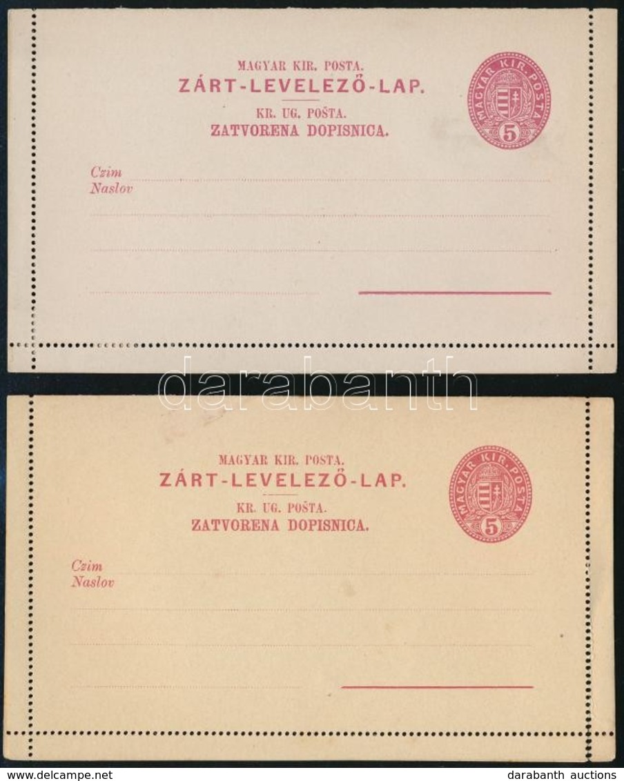 1886 2db Használatlan 5kr Díjjegyes Zárt Levelezőlap, Kétnyelvű, Sárgás és Szürke Papíron (4.300) - Other & Unclassified