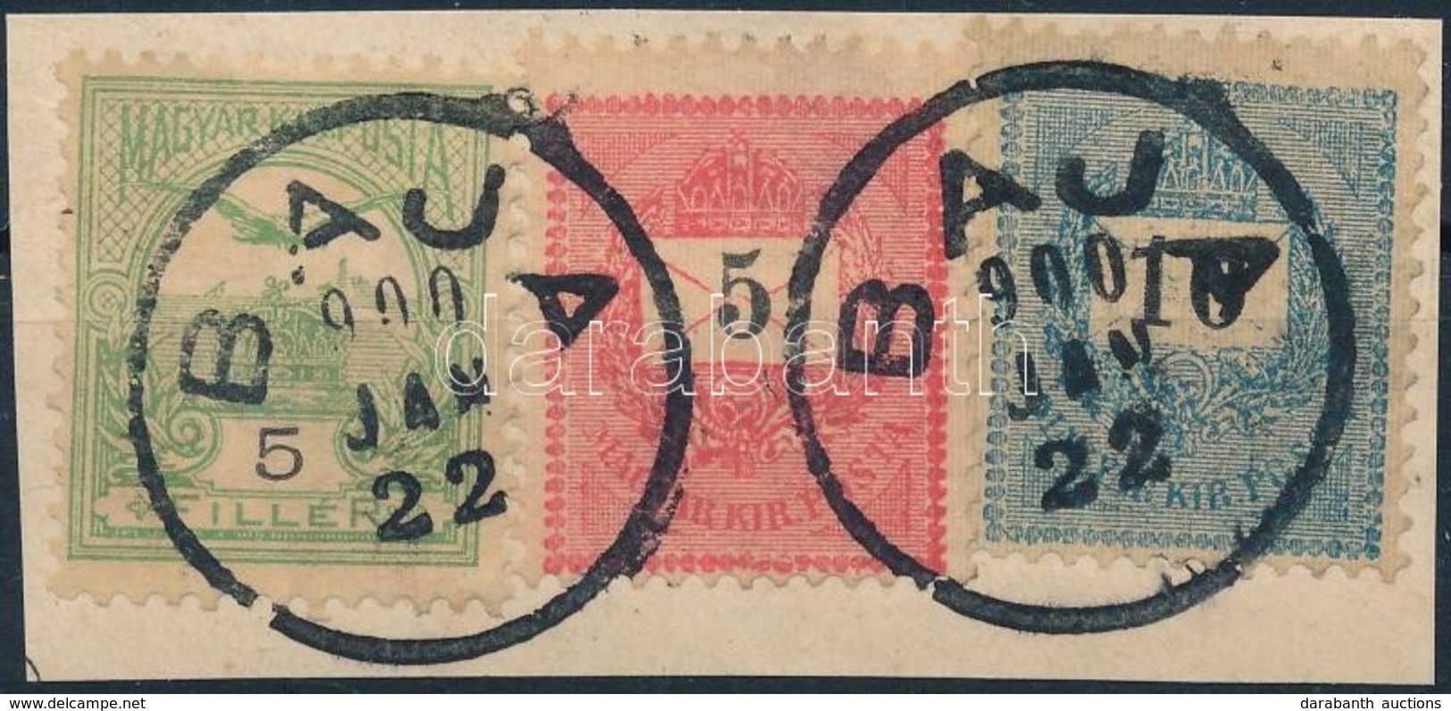 1900 5kr + 10kr + 5f Vegyes Bérmentesítés Kivágáson 'BAJA' - Sonstige & Ohne Zuordnung