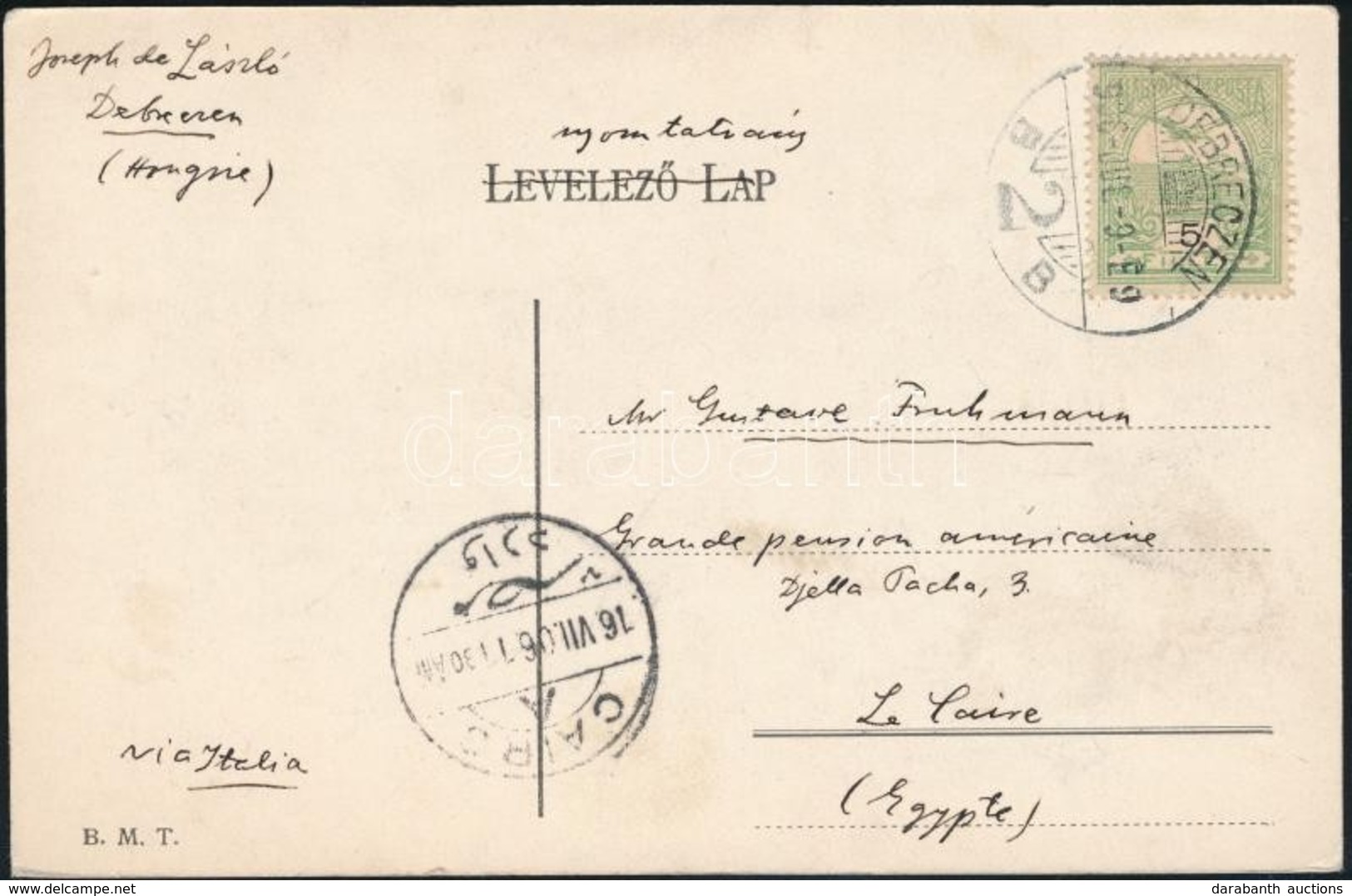 1906 TCV Képeslap 5f Bérmentesítéssel, Nyomtatványként Egyiptomba Küldve, Kétnyelvű 'CAIRO' érkezési Bélyegzésssel - Other & Unclassified