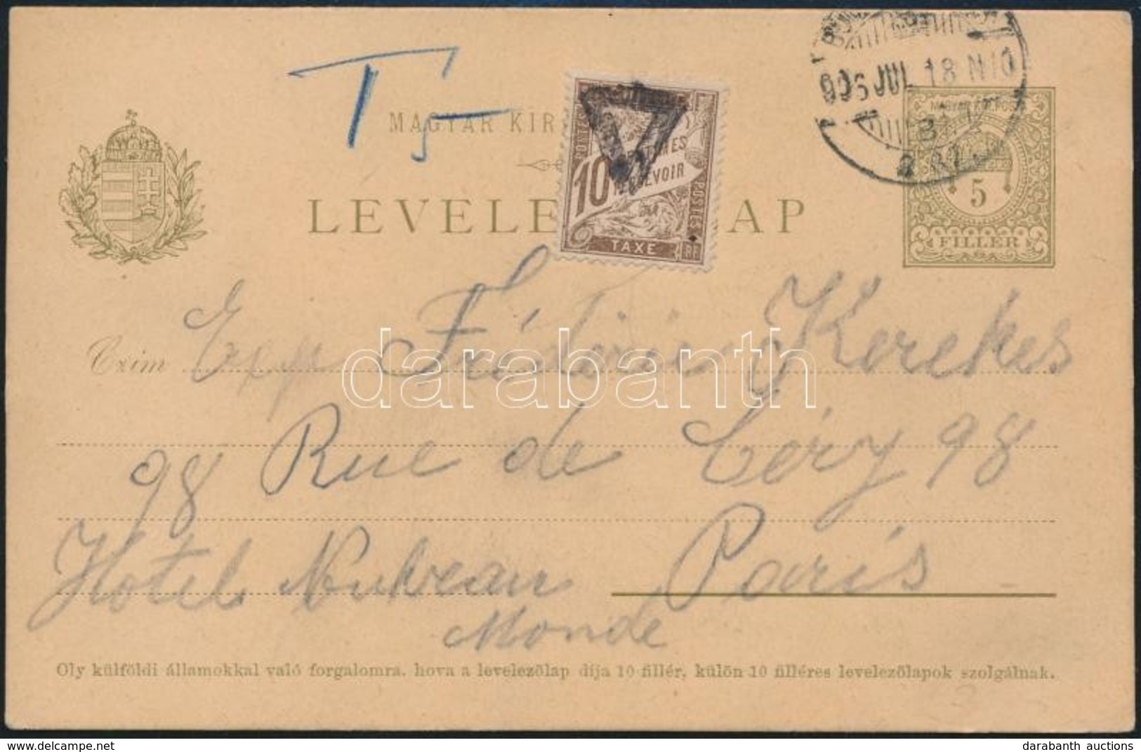 1906 Levelezőlap Párizsba Küldve, Portózva - Other & Unclassified