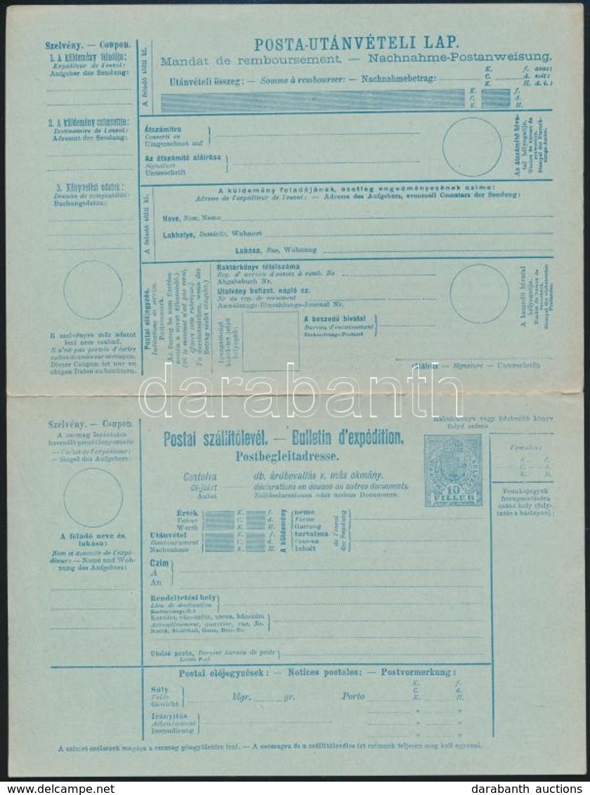 ~1910 Háromnyelvű Kék Postai Szállítólevél 10f - Sonstige & Ohne Zuordnung