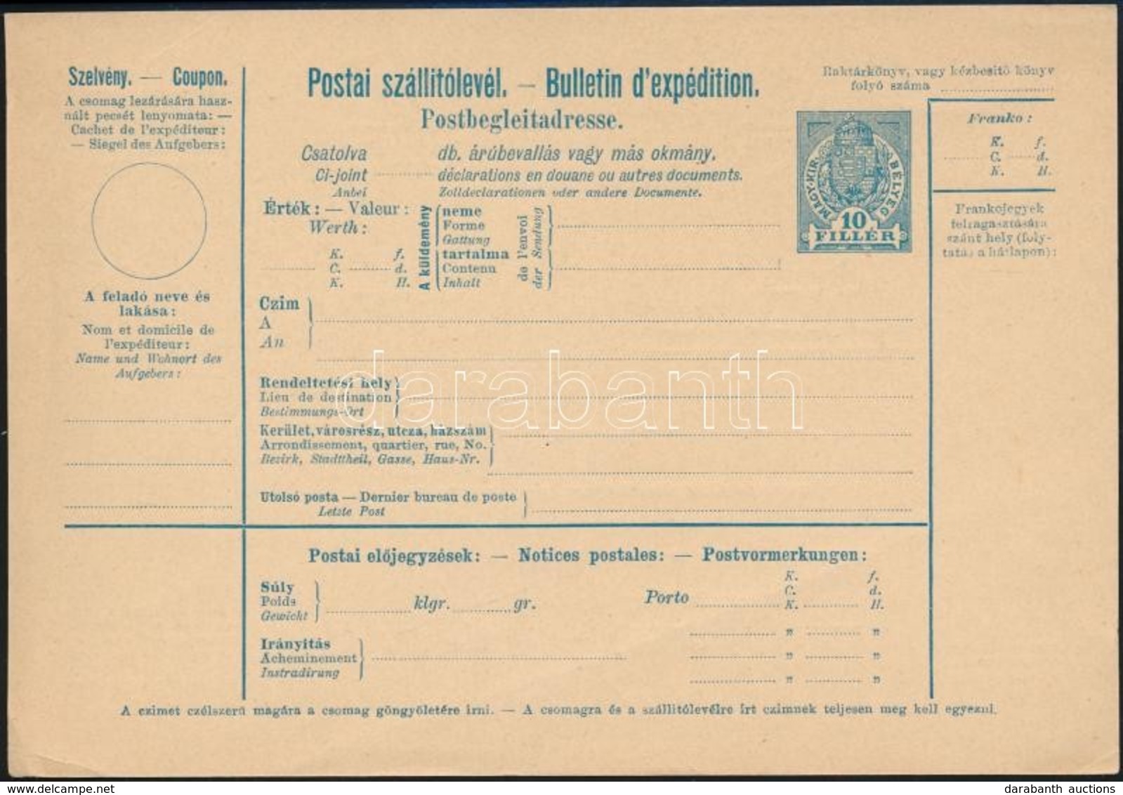 ~1910 Háromnyelvű Postai Szállítólevél 10f - Sonstige & Ohne Zuordnung
