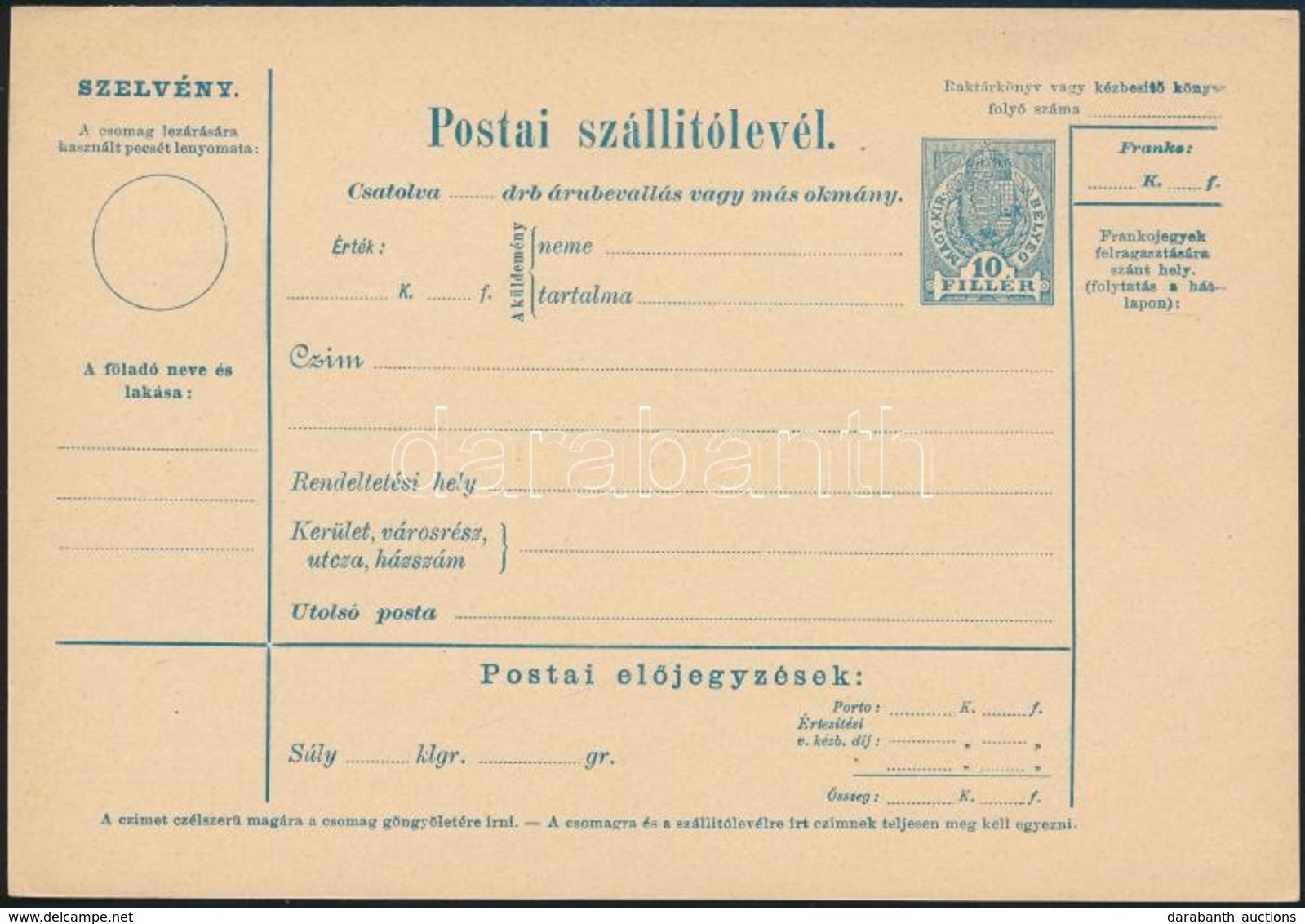 ~1910 Magyar Nyelvű Fehér Postai Szállítólevél 10f - Sonstige & Ohne Zuordnung