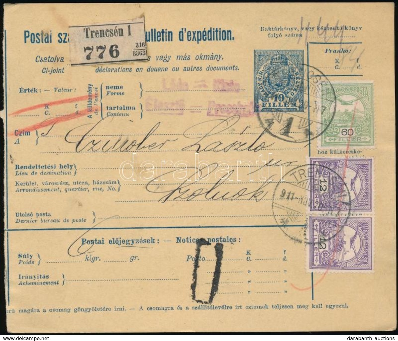 1911 Postai Szállítólevél 84f Bérmentesítéssel / Parcel Card With 84f Franking 'TRENCSÉN' - Szolnok - Sonstige & Ohne Zuordnung