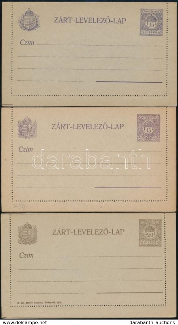 1913-1917 3db (2 X 15f + 1 X 20f) Használatlan Díjjegyes Zárt Levelezőlap Magyar Királyi Posta Felirat Nélkül, íves és S - Other & Unclassified