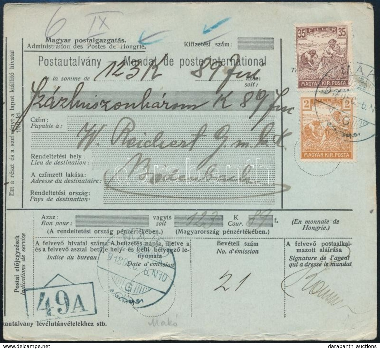 1918 Postautalvány 37f Bérmentesítéssel / Money Order 'MAKÓ' - Other & Unclassified