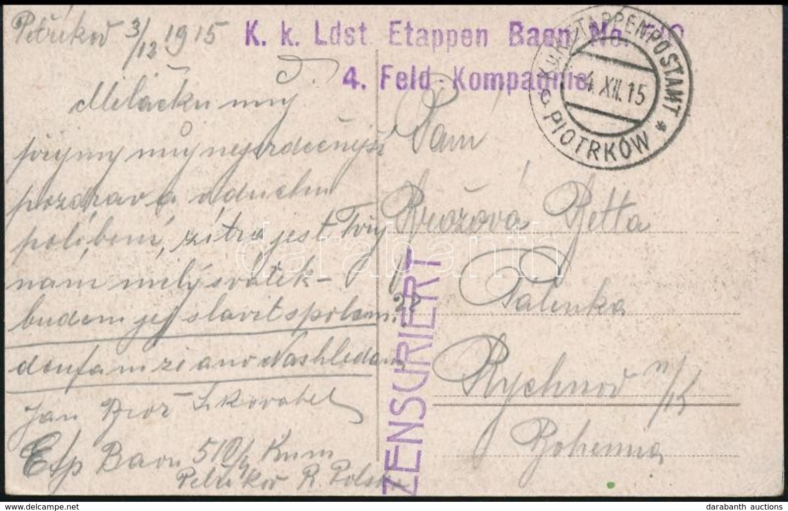 1915 Tábori Posta Képeslap 'EP PIOTRKOW' + 'K.k. Ldst Etappen Baen No. 510 4. Feld-Kompagnie' - Other & Unclassified